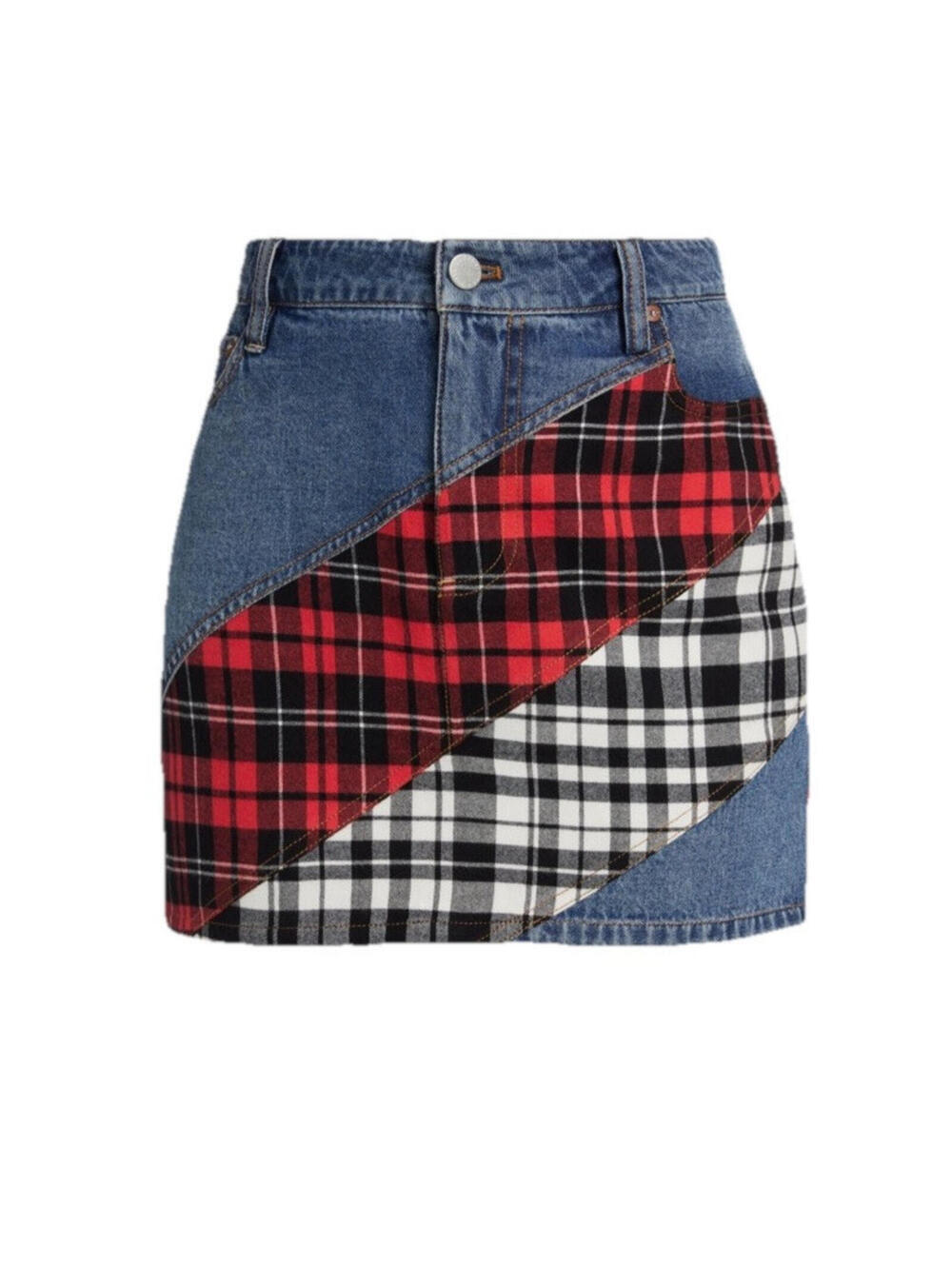 $350 Alice+Olivia Lisanne Patchwork Denim Mini Skirt Size 30 - Picture 1 of 5